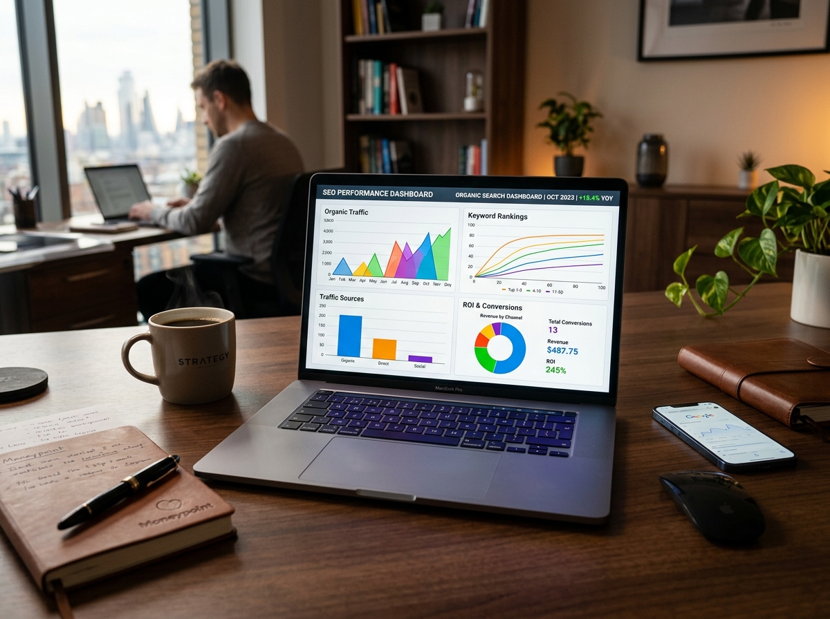 Data-driven search engine ranking and keyword analytics dashboard on modern laptop