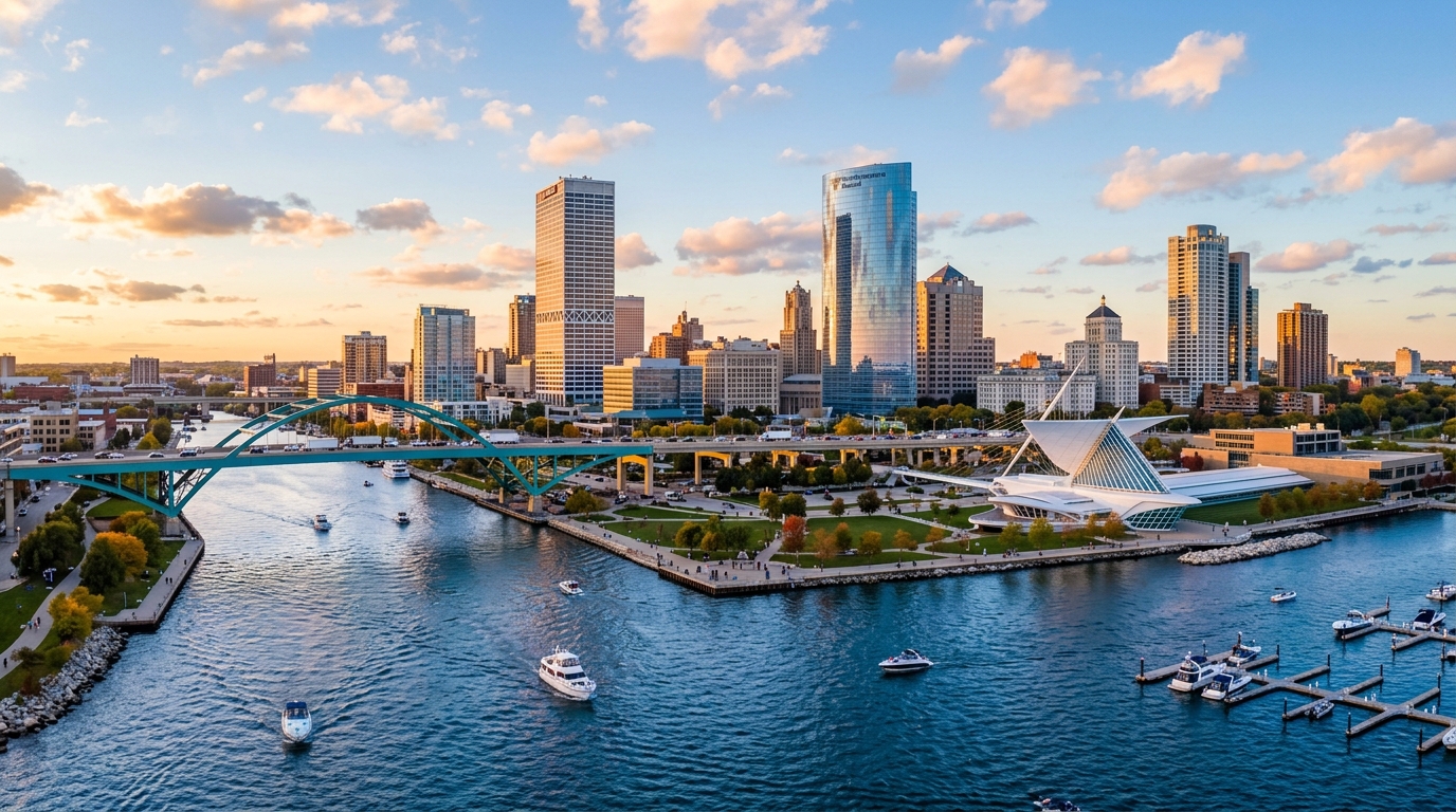 Panoramic view of Milwaukee Wisconsin skyline and Lake Michigan waterfront serving Southeastern Wisconsin